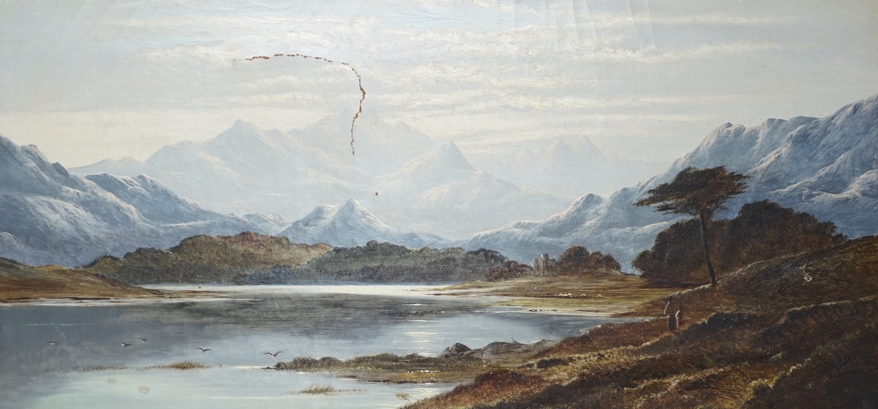 Charles Leslie (1835-1890), oil on canvas, Figures admiring a mountainous lake scene with castle, 28.5 x 59cm